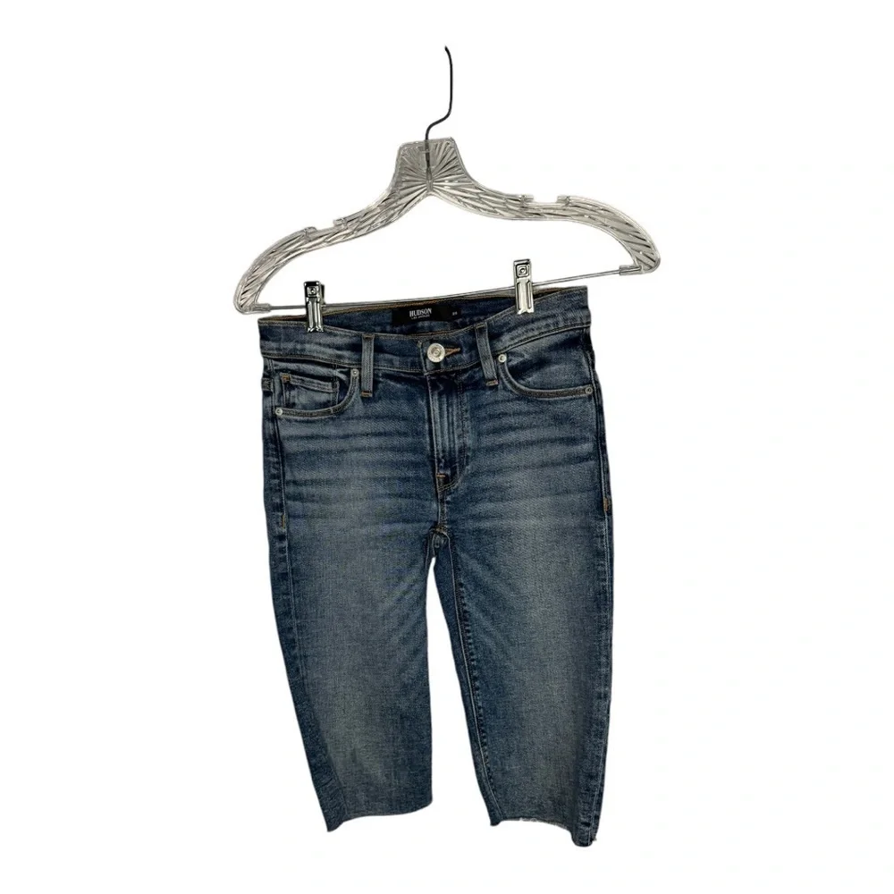 Hudson Amelia Mid-Rise Denim Blue Jean Knee Shorts in Winelight New